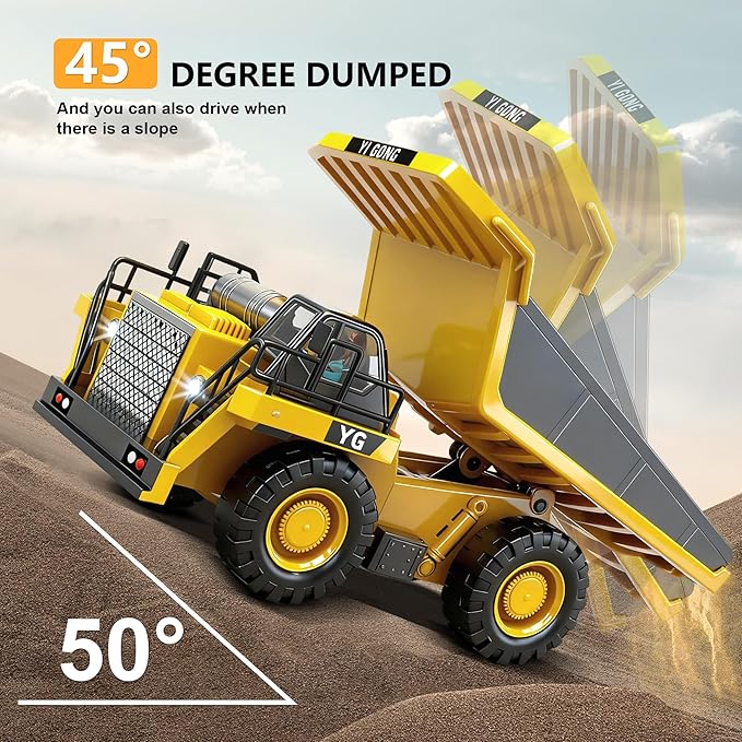Remote Control Dump Truck Toy for Kids, 9 Channel RC Construction Vehicle Toys with Metal Bed and Light/Music, Birthday Gifts Ideas for Boys Age 6 7 8 9 10 Year Old and up