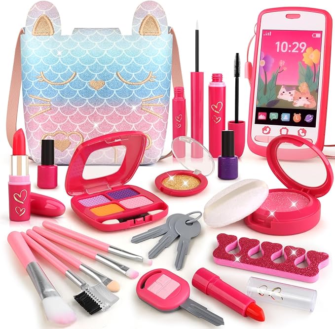 Pretend Makeup for Toddlers, Play Makeup Kit for Little Girls Age 3-5, Mermaid Toy with Fake Make up Set for Kids, Christmas Birthday Gifts for 3 4 5 Year Old Girl