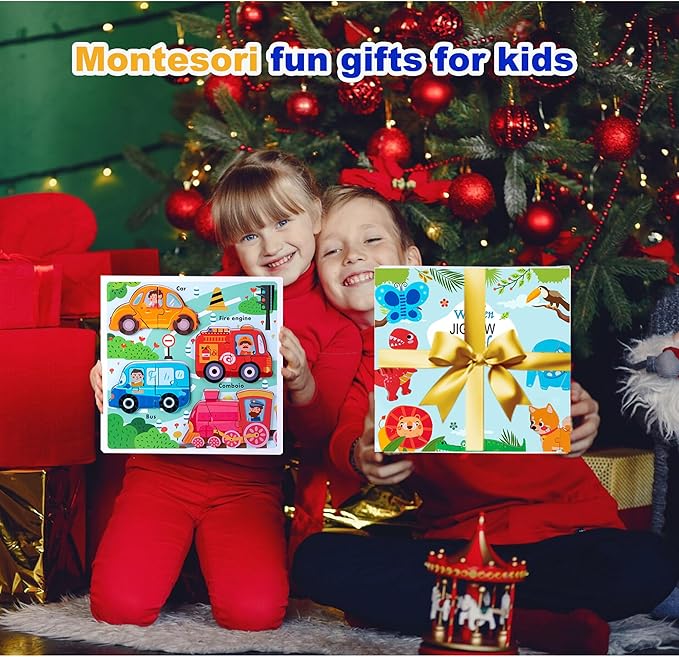 Wooden Puzzles for Toddlers 1-3 Years Old, Children Jumbo Base Vehicle Puzzles 2-4,Toddler Boys Toys Educational Blocks Kids Birthday Gifts