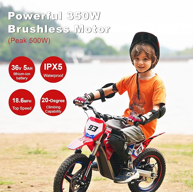 Electric Dirt Bike for Boys Girls Ages 5-10, 350W High Racing Competition Grade Motorcycle, Up to 18MPH 3 Speed Settings Balance Bike, 14IN Off-Road Tires Advanced Shock Absorption, Orange