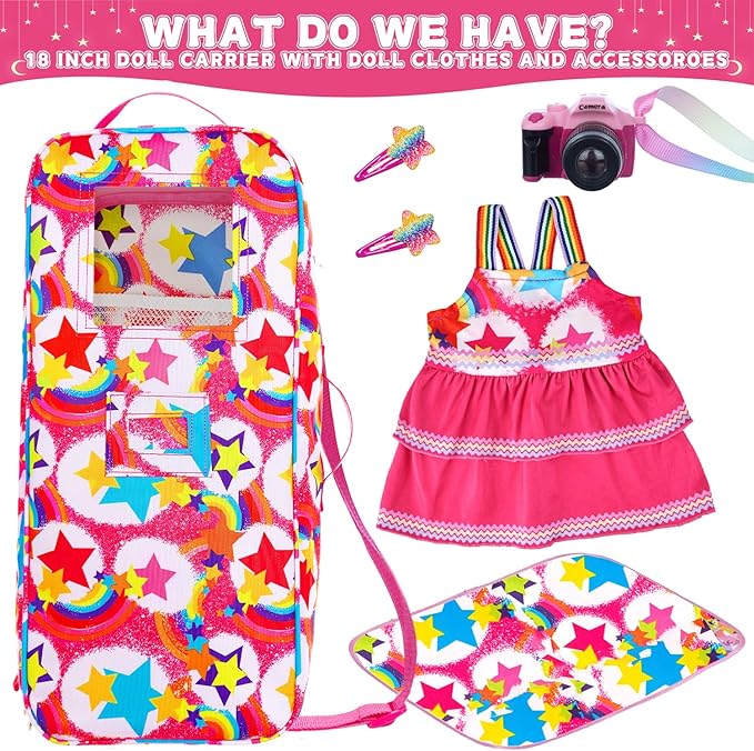 K.T. Fancy 6 Pcs 18 Inch Doll Carrier Bag Set and Accessories Including Girl Doll Clothes, Hair Clip, Picnic Blanket, Mini Toy Camera