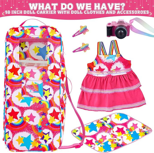 K.T. Fancy 6 Pcs 18 Inch Doll Carrier Bag Set and Accessories Including Girl Doll Clothes, Hair Clip, Picnic Blanket, Mini Toy Camera