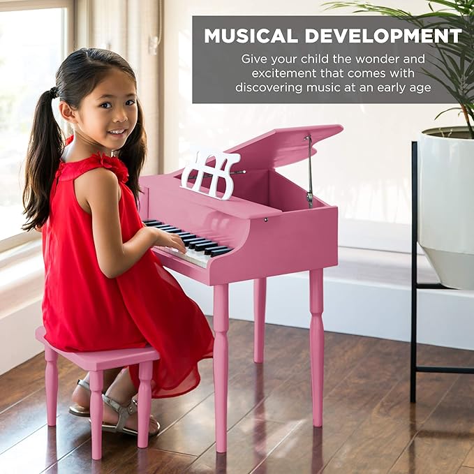Best Choice Products Kids Classic Wooden 30-Key Mini Grand Piano Musical Instrument Toy w/ Piano Lid, Bench, Foldable Music Rack, Song Book, Note Stickers, Enamel Finish - Pink