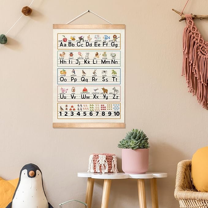 HEYJEEPER Kids Alphabet and Numbers Learning Posters,18.5x14 Inch Linen&Canvas Educational Wall Art with Wood Hanger, ABC 1-10 Chart for Toddlers Classroom Nursery Playroom Decor(Colorful-03)