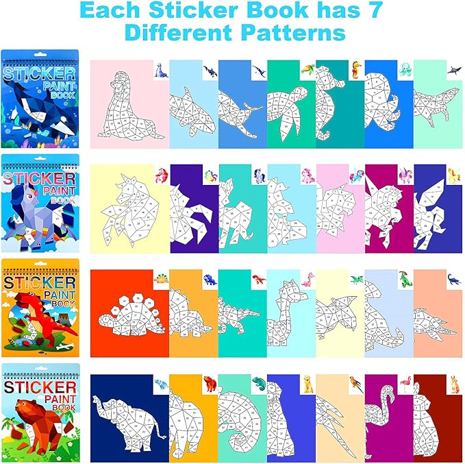 Sticker by Number for Kids Ages 4-8, 8-12 Stickers for Kids Animals Ocean Horse Dinosaurs Sticker Paint Puzzle Activity Books for Kids Girls Boys Birthday Party Favors Travel Toys
