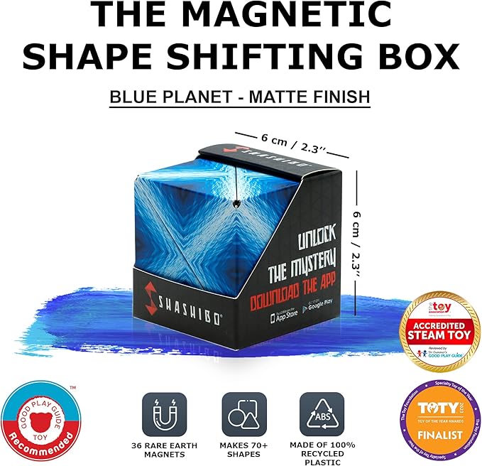 SHASHIBO Shape Shifting Box - Award-Winning Fidget Toy w/ 36 Rare Earth Magnets - Fidget Cube Transforms Into Over 70 Shapes, Sensory Toy Gift for Kids, Teens, and Adults (Blue Planet)