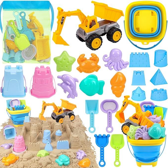 Beach Toys, Sand Toys with 2 in 1 Construction Vehicles, Collapsible Beach Bucket, Sand Castle Building kit, Sand Molds, Beach Shovel, Mesh Bag, Summer Toys for Kids Ages 4-8