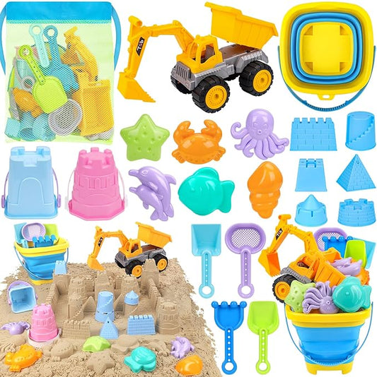 Beach Toys, Sand Toys with 2 in 1 Construction Vehicles, Collapsible Beach Bucket, Sand Castle Building kit, Sand Molds, Beach Shovel, Mesh Bag, Summer Toys for Kids Ages 4-8
