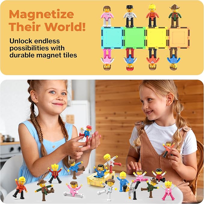 PicassoTiles 16pc Magnetic Character Figures Expansion Set Toddler Style People Compatible with Magnet Tile Building Set STEM Educational Construction Toy for Kids Pretend Play Creative Learning PTA08