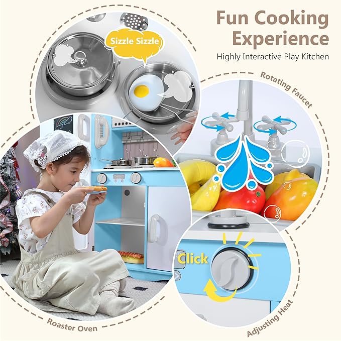 Kinder King Wooden Kids Play Kitchen, Toy Kitchen Playset for Toddler, Pretend Oven, Microwave, Telephone, Chalkboard, Interactive Doors, Knobs, Realistic Kitchen Sets for Boys Girls Age 3+, Blue