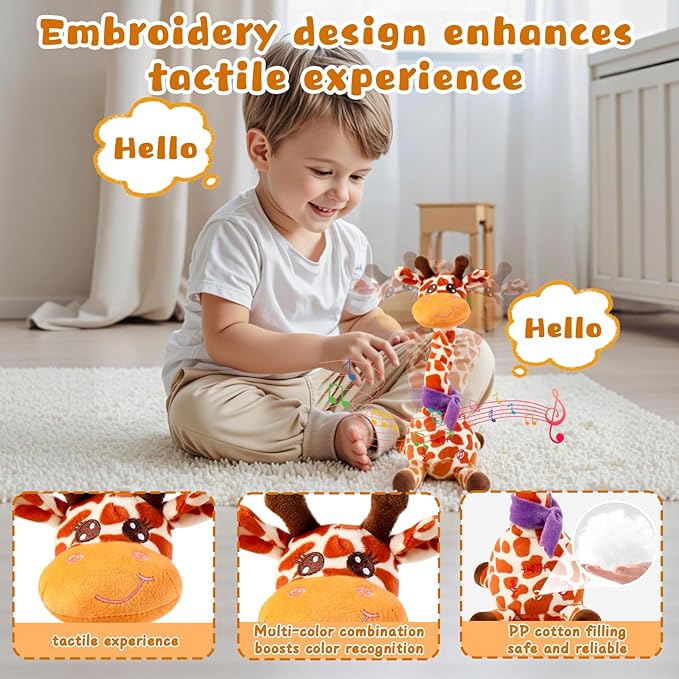 JISONCASE Christmas Talking Dancing Giraffe Baby Toy, Adjustable Volume Tummy Time Toy Repeating What You Say, Singing Mimicking Recording Sensory Education Gifts for Toddlers Boy Girls(Spotted)