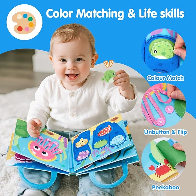 hahaland Ocean Busy Book for Toddlers 1-3, Montessori Toys Sensory Activity Busy Board, Travel Toy for 1 2 3 Year Old Boys Girls, Educational Fine Motor Skills Learning Toy, Toddler Birthday Gift