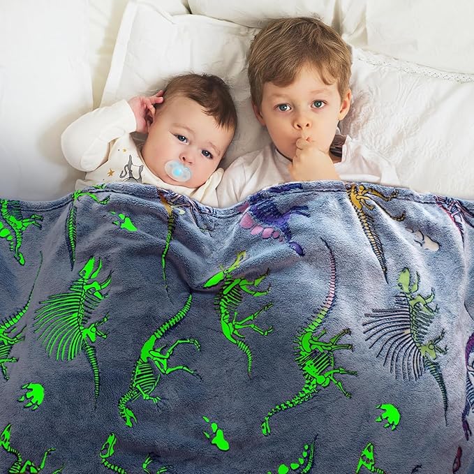 Glow in The Dark Dinosaur Blanket for Boys Girls Kids - Cute Dino Throw for Couch, Soft Warm Plush Fleece Toddler Blanket, Luminous 40"x50"