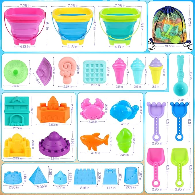 Collapsible Beach Toys for Kids Toddlers, 3 Foldable Buckets and Shovels Set, Sand Castle Building Kit, Ice Cream Travel Sand Toys for Sandbox & Mesh Bag, Beach Essentials for Boys Girls Age 3-10