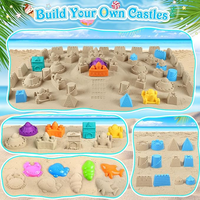 Collapsible Beach Toys for Kids Toddlers, 3 Foldable Buckets and Shovels Set, Sand Castle Building Kit, Ice Cream Travel Sand Toys for Sandbox & Mesh Bag, Beach Essentials for Boys Girls Age 3-10