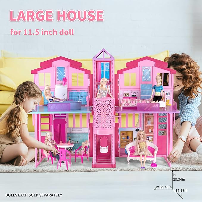 Large Foldable Doll House, 36'' Play House Dollhouse for 12" Dolls, Portable Princess House with Elevator, Bed, Basin & Pets etc, Doll Accessories, Gift for Birthday Christmas for Girls