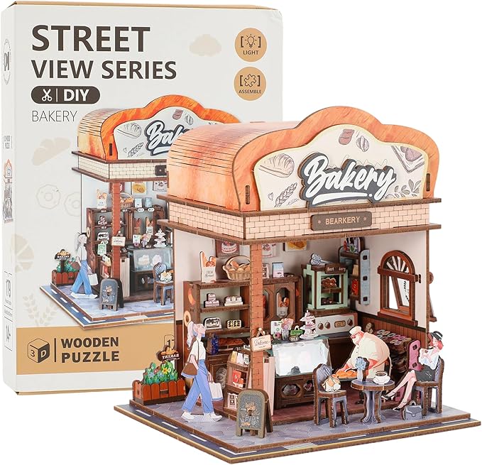 Book Nook Kit - DIY Miniature House Kit for Adults, Dollhouse Booknook Tiny House Bookshelf Decor 3D Wooden Puzzle Street Model, Ideal Gift for Book Lovers, Family, Friends (Bakery)