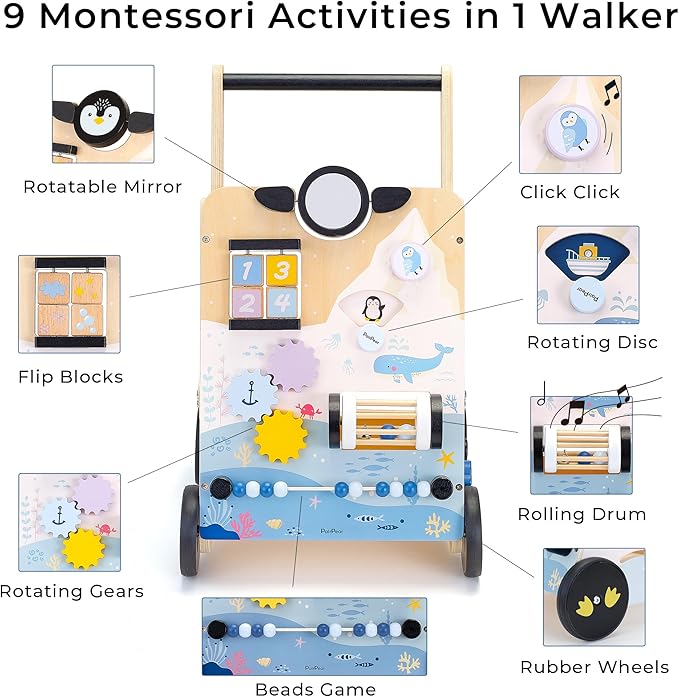 PairPear Polar Explorer Wooden Baby Walker, Montessori 9-in-1 Activity Push Walker Activity Center Toys with Adjustable Speed & Height, Penguin Mirror, Shape Sorter Learning Toys Gift for Toddler 1-3