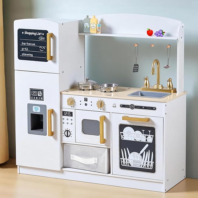 Play Kitchen Set for Kids, Wooden Kids Kitchen Playset with Real Lights & Sounds, Interactive Toy Kitchen with Felt Boxes for Storing Kitchen Utensils and Ice Maker Toy Accessories (Soft White)