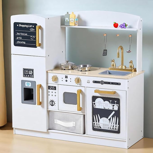 Play Kitchen Set for Kids, Wooden Kids Kitchen Playset with Real Lights & Sounds, Interactive Toy Kitchen with Felt Boxes for Storing Kitchen Utensils and Ice Maker Toy Accessories (Soft White)