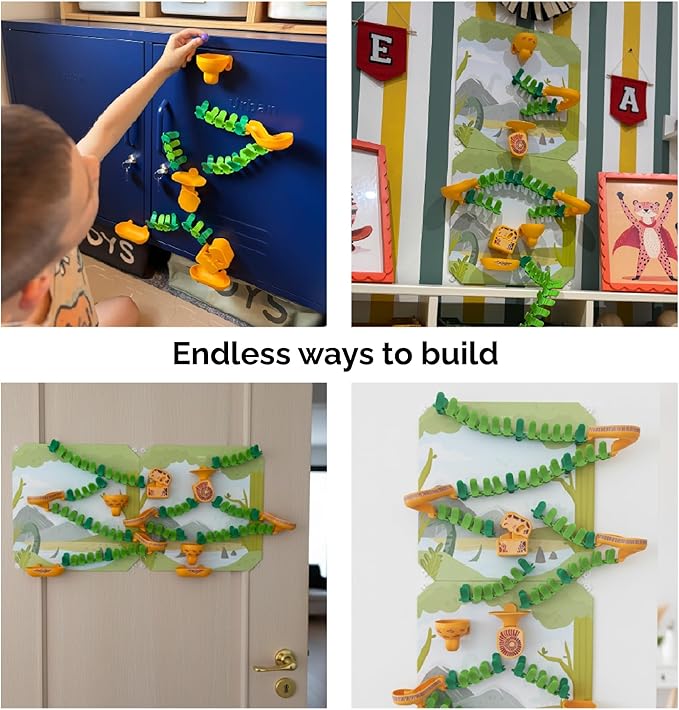 Oribel VertiPlay Magnetic Marble Run | Builder Set STEM Toy | Creative Free Play Construction Kit for Kids | Works on Fridges, Lockers & Metal Surfaces | Builder Set (75) (Dino Quest)