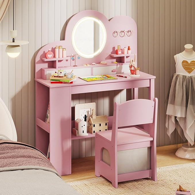 HONEY JOY Kids Vanity with Lights and Open Bookshelf, Cloud Princess Makeup Dressing Desk, Drawers, Wooden Pretend Play Toddler Vanity Table & Chair Set with Lighted Mirror for Little Girls (Pink)