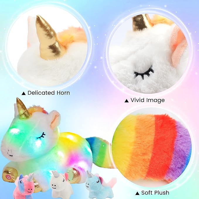 Hopearl LED Plush Unicorn Lighting Up Stuffed Mommy Unicorn with 3 Baby Unicorns in her Tummy Floppy Stuffed Animal Playset Night Lights Glow in The Dark Gifts for Kids Toddler Girls, White, 19''