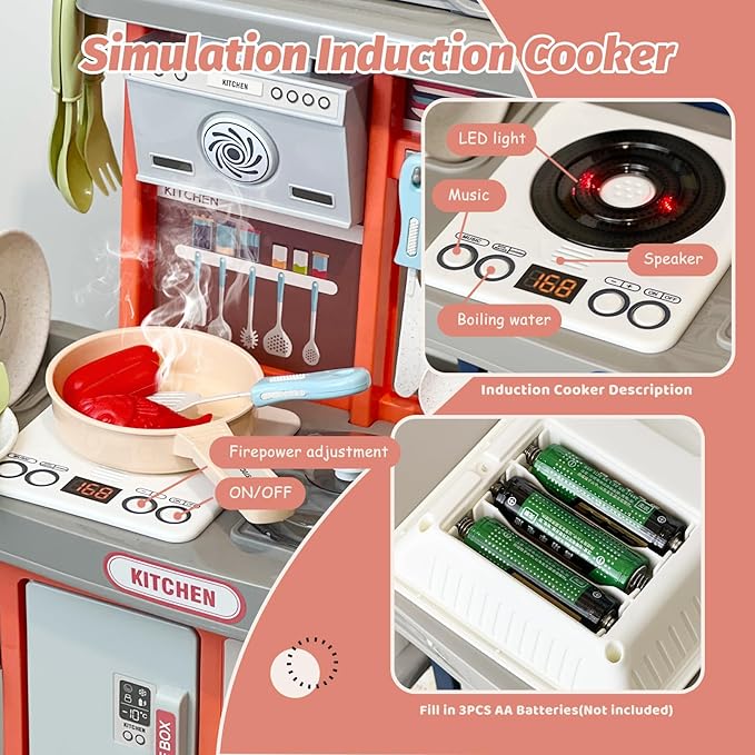 Play Kitchen Accessories for Toddlers, Cooking Stove with Realistic Sounds and Lights, Simulation Play Sink with Running Water, Pots and Pans Set, Play Foods Toys for Boys Girls 3 Years Up (Pink)