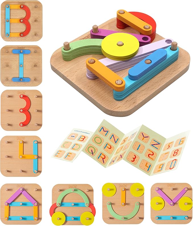 Bimi Boo Construction Activity Set: Premium Wooden Stacking Letters, Numbers, Shape Sorter Peg Board for Toddlers, Learning ABCs, Colors, Emotions (28 Sticks, 1 Board, 1 Guide Booklet)