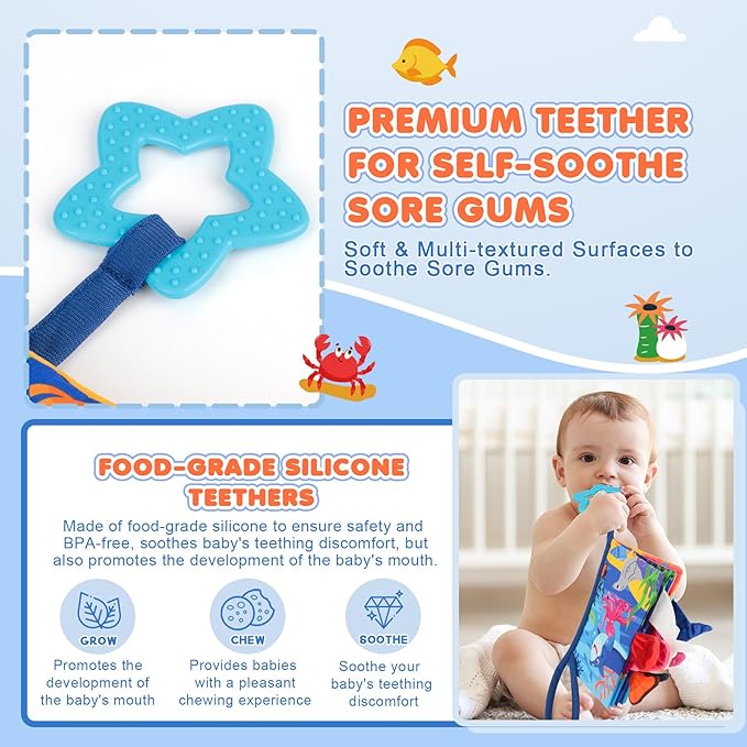 Soft Baby Book - Baby Toy - Newborn Boys Girls Shower Gift - Tummy Time Toy for Infant 0-6 6-12 Months - Touch and Feel Sensory Crinkle Book with Teether for Toddler