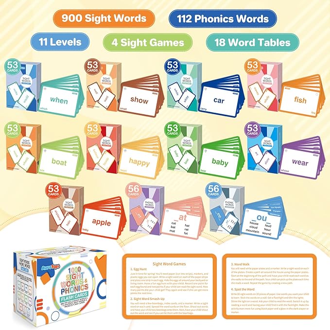 1012 Sight Words/Phonics Flash Cards, Dolch & Fry High Frequency Site Words, Learn to Read CVC Blends,Short/Long Vowel Sounds, Flash Cards Games for PreK Kindergarten 1 2 3 4 5 6 Grade,Kids 4-13 Years