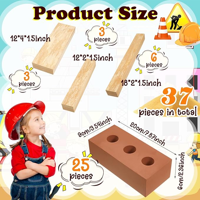 Deekin 25 Pcs Foam Brick Building Blocks and 12 Pcs Wooden Beam Foam Thick Cinder Blocks Large Fake Brick Builders Set for Construction and Stacking(Red)