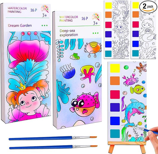 JUNQIU Paint with Water Books for Kids Ages 4-8, Watercolor Painting Coloring Books for Toddlers, Magic Paint Set for Kids, Art Craft Set for Drawing with Brush(2 Pack)