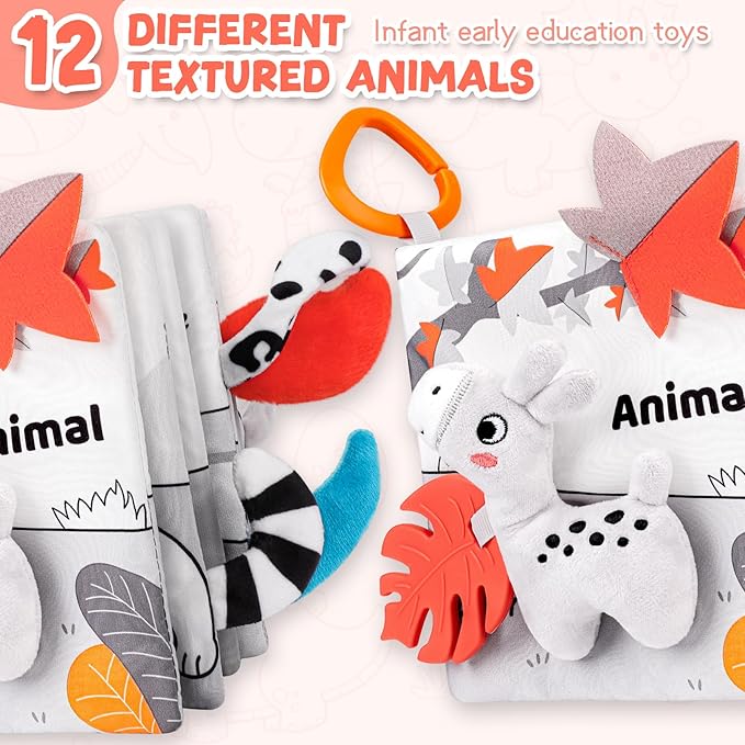 Baby Book 0-12 Months, Crinkle Cloth Book with Rattle & Touch and Feel Sensory Toys, Soft Teether for Infants, Educational Learning Toys, Ideal Baby Shower Easter Gifts for Boys Girls