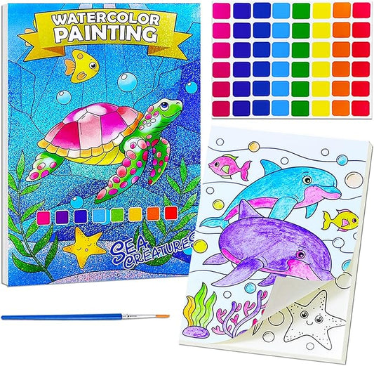 JUNQIU Water Color Paint Sets for Kids, Watercolor Painting Coloring Books for Toddlers, Paint with Water Books for Kids Ages 4-8, Art Craft Kits for Girls Boys Drawing with Brush