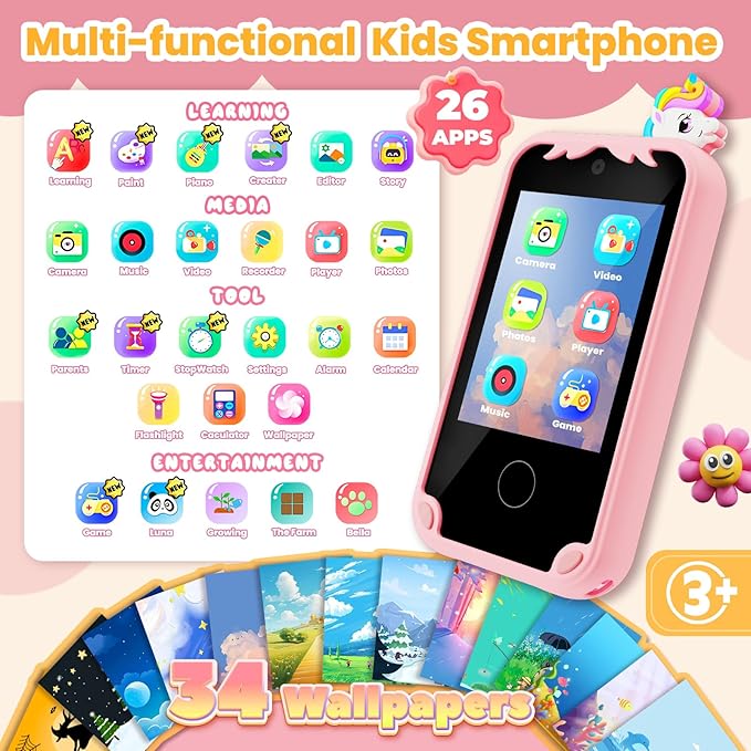 Kids Phone for Girl Toys, Kids Camera Toy Kids Toddler Tablet Smart Phone Christmas Birthday Gifts Toddler Ages 2,3,5,7,8,10 Year Old, Educational Learning Toys with 2.8" Touchscreen, Music Video Game