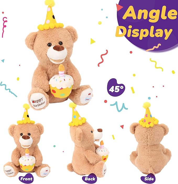 Hopearl Adorable Happy Birthday Teddy Bear with Glowing Cupcake Musical Stuffed Animal Bear Singing and Shaking Plush Toy Interactive Animated Kids Gifts, Brown, 15’’