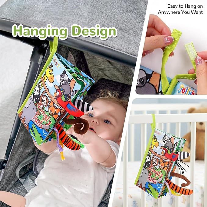 HECCEI Baby Cloth Books Soft Baby Book 0-6 Months Crinkle Books with Tail Touch and Feel Sensory Toys for Infant Tummy Time for 3 Months+, Jungle Tails