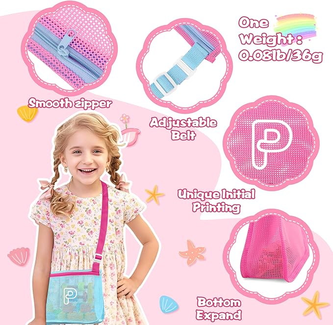 3Pcs Personalized Kids Beach Shell Bag, Initial Seashell Mesh Zipper Beach Pouch, Shell Collecting Bag for Holding Shells with Adjustable Straps, Sand Toys Swim Pouch Gift for Girl Boy Teens(Letter P)