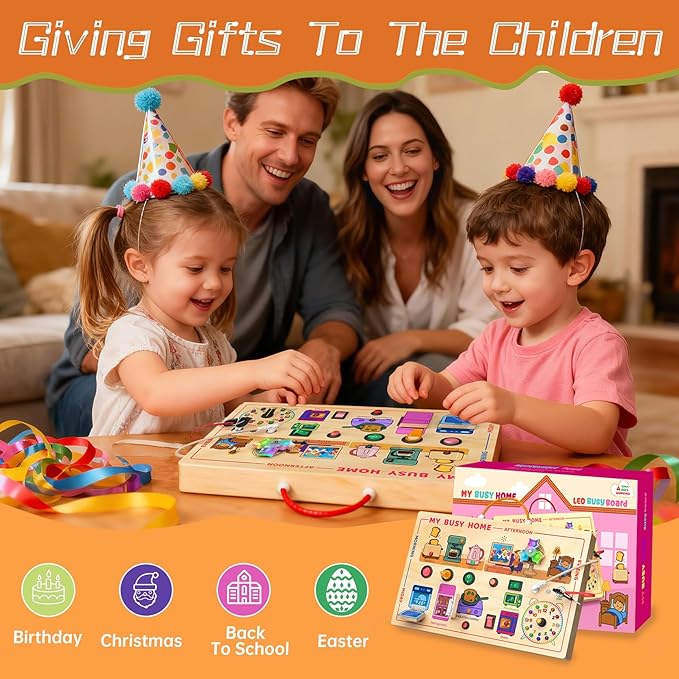 My Busy Home Montessori Busy Board for Toddlers 1-3, Wooden Sensory Activity Board with Switches, Lights, Clock, Kitchen Appliances Toys, Educational Busy Board for 1+ Year Old Boys Girls