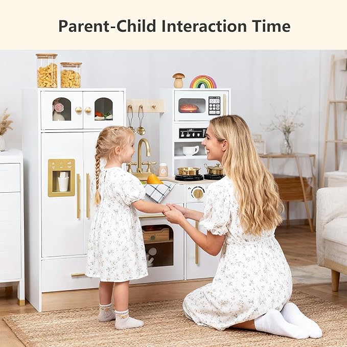 Wooden Play Kitchen Set - Realistic Pretend Play Kitchen with Stove, Sink, Coffee Maker & 11 Fun Accessories | Montessori Toy Kitchen for Toddlers Ages 3+