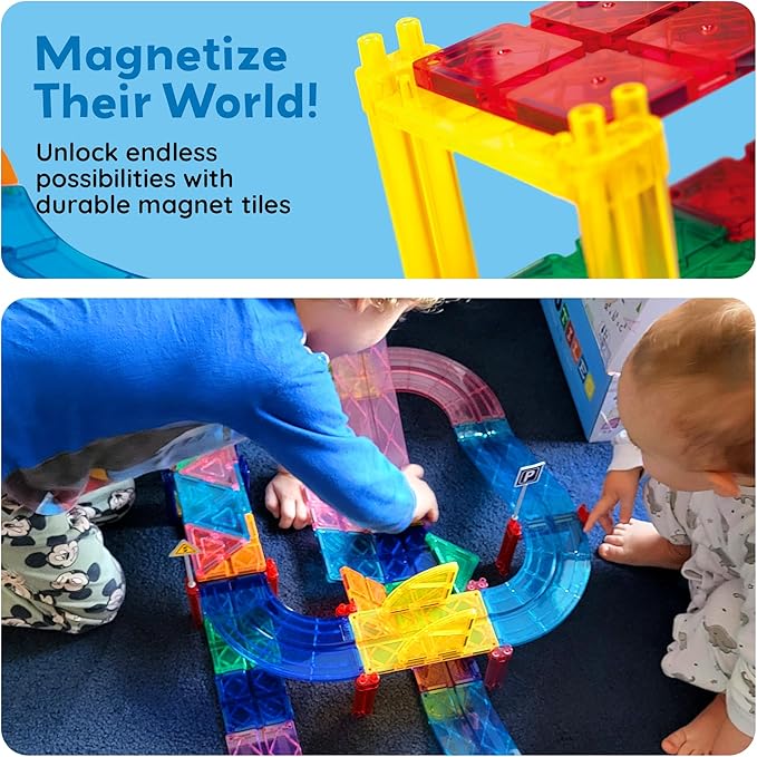 PicassoTiles Magnetic Tiles Race Track Car Thrilling Toy Playset Includes 2 Racing Trucks STEM Educational Magnet Tile Building Block Construction Set for Toddlers Boys Girls Ages 3 and Older PTR30