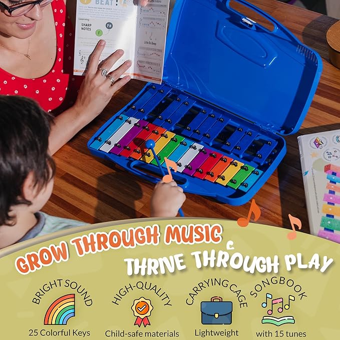 Leopold & Marianne | Xylophone for Kids Ages 5-9 | Kids Musical Instrument | Glockenspiel 25 Notes Chromatic | Color Metal Keys | Music Book Included, Play-Along Videos, Blue Carry Plastic Case