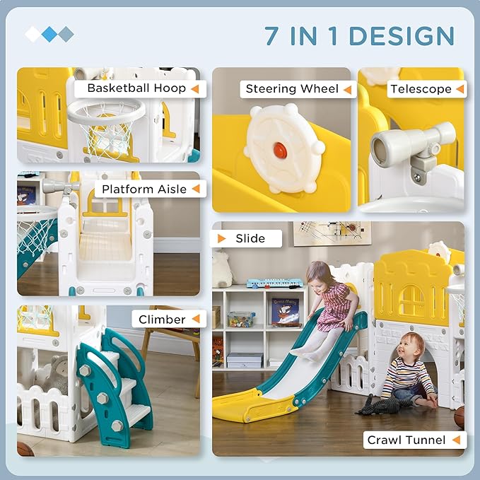Qaba 8 in 1 Toddler Slide for Kids Age 1-3 Years, Indoor Kids Slide Playset with Basketball Hoop, Climber, Telescope, Tunnel, Steering Wheel, Aisle, Storage Baskets, Yellow