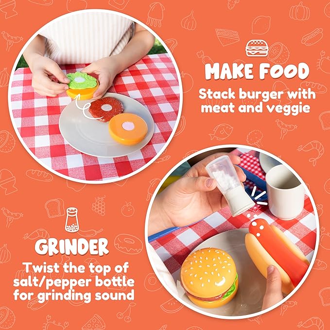 JOYIN 34 PCS Kitchen Toy Set, BBQ Play Grill, Cooking Toy Set, Little Chef Play, Kids Grill Playset Interactive BBQ for Kids with Light & Sound, Christmas Birthday Gift for Boys Girls