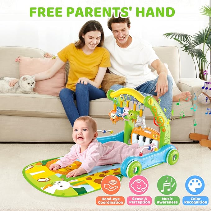 4-in-1 Baby Gym Play Mat with Learning Walker, Tummy Time Mat & Baby Push Toys for Newborn Infant 0-3-6-9-12 Month Boy Girl, Babies Activity Center with Play Piano & Lights, Ideal Toddler Baby Gifts