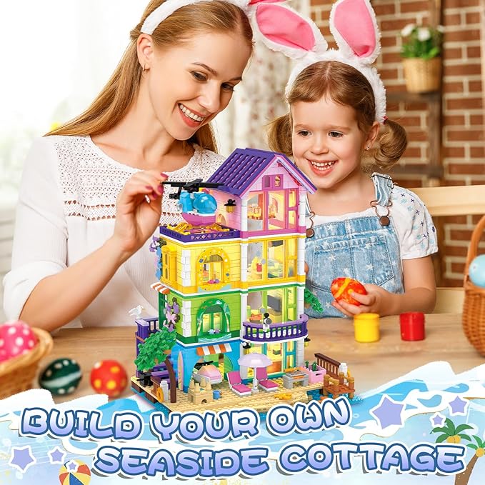 Beach House Building Set with Light, NO Compatible with Lego Friend House for Girls Age 8-12, 1346PCS Mini Bricks Seaside Villa, Creative Holiday Cottage Building Kits, for Girl 8-14