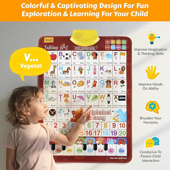 Bilingual English & Spanish Learning Interactive Alphabet Wallchart - Includes Talking ABC, 123s & Music Poster - Educational Kids Learning Toy, Educational Gift for 3+ Years Old Girls & Boys