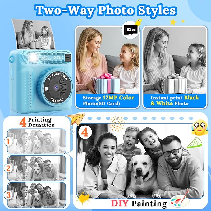 Instant Print Camera for Kids, Kids Cameras Ages 3-12, Digital Toy for Girls & Boys, Christmas and Birthday Gift, Portable HD Video Recorder with 32GB SD Card (Blue)