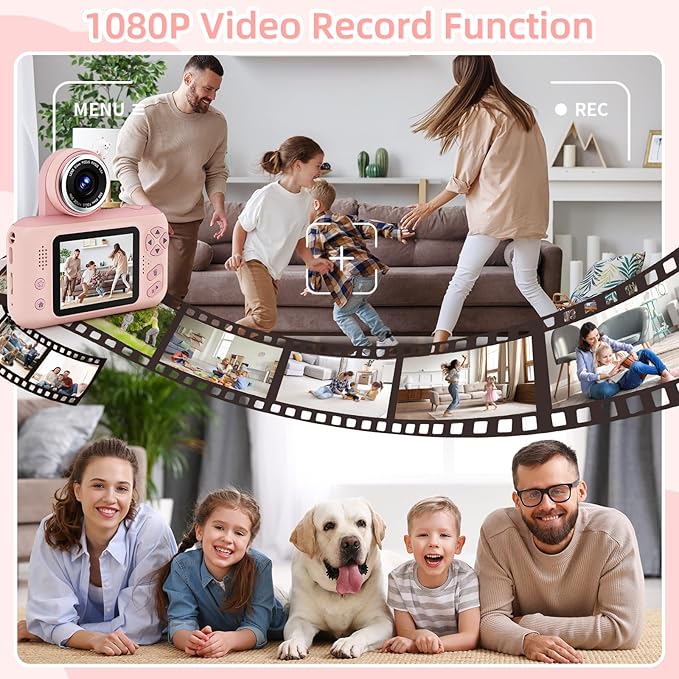 Upgrade Kids Selfie Camera,Chritmas Birthday Gift for 3-9 Years Old Girls,Portable Toy for 3 4 5 6 7 8 9 Year Children,Toddler 1080HD Digital Video Camcorder Camera with 32G SD Card Pink